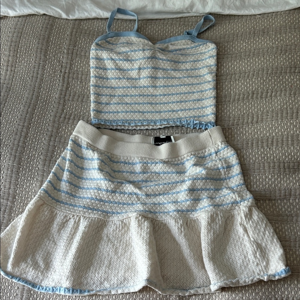 Women’s Cream & Light Blue Striped Knit Skirt set
